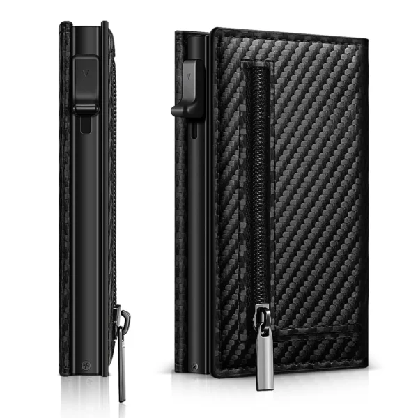 Men's Carbon Fiber Magnetic Card Holder PU Leather RFID Three-fold Automatic Card Holder With Zipper Coin Purse AirTag Wallet - Image 2