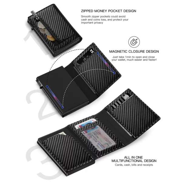 Men's Carbon Fiber Magnetic Card Holder PU Leather RFID Three-fold Automatic Card Holder With Zipper Coin Purse AirTag Wallet - Image 3