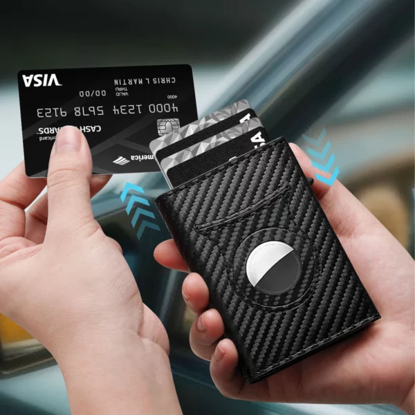 Men's Carbon Fiber Magnetic Card Holder PU Leather RFID Three-fold Automatic Card Holder With Zipper Coin Purse AirTag Wallet - Image 4