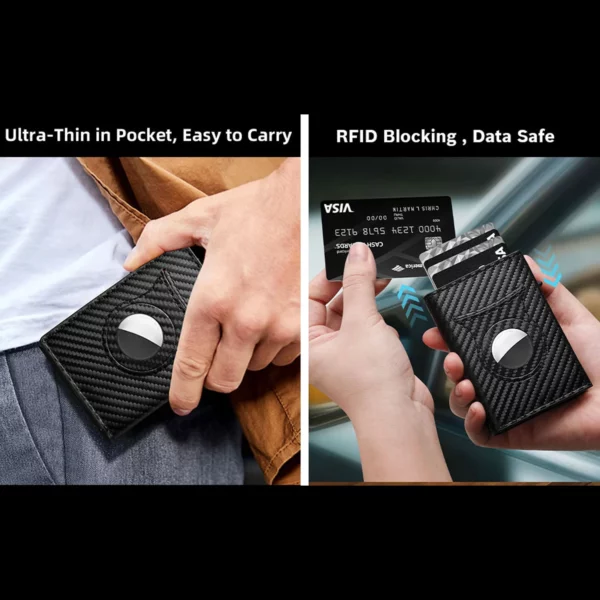 Men's Carbon Fiber Magnetic Card Holder PU Leather RFID Three-fold Automatic Card Holder With Zipper Coin Purse AirTag Wallet - Image 6