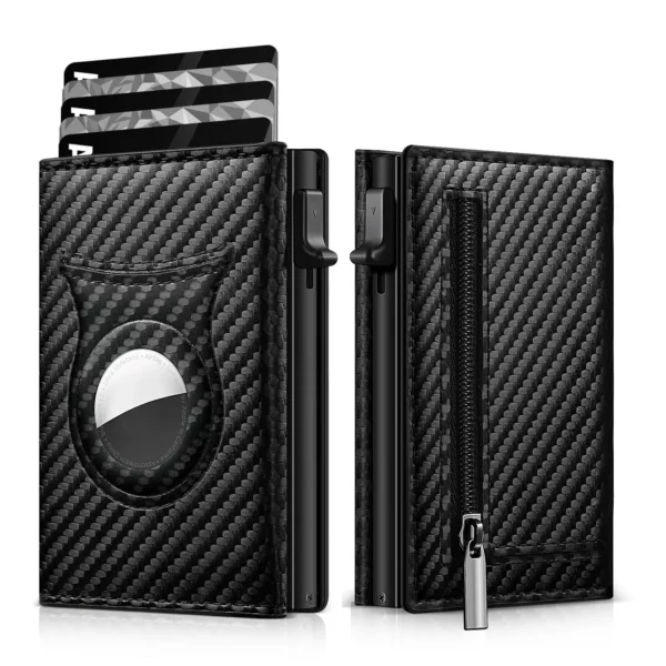 Men's Carbon Fiber Magnetic Card Holder PU Leather RFID Three-fold Automatic Card Holder With Zipper Coin Purse AirTag Wallet