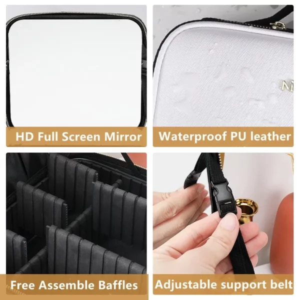 New LED Lighted Cosmetic Case with Mirror Waterproof PU Leather Portable Travel Makeup Storage Bags - Image 4