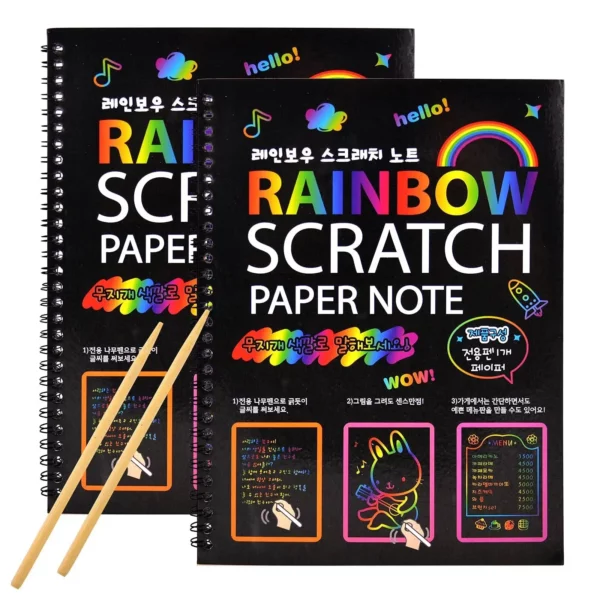 Brightly Colored Scratch Rainbow Arts Notebooks with Wood Stick (2 Pack)