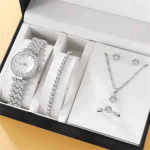 6-pcs Set Luxury Watch Ring Necklace Earring Rhinestone